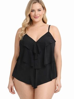 Aqua Green Black Ruffle Tankini Top Built-In Bra Flowy Swim Top L 12/14